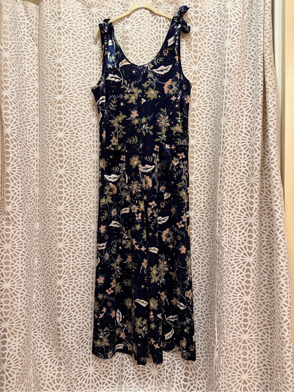 EARTHBOUND Velvet Navy Floral Tie-Shoulder Jumpsuit with Pockets